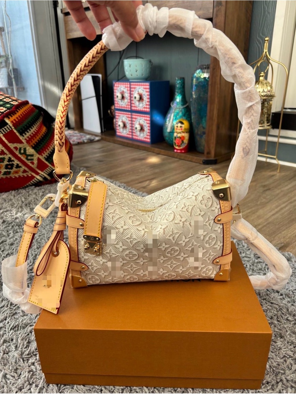 Ivory Monogram Shoulder Bag with Tan Trim